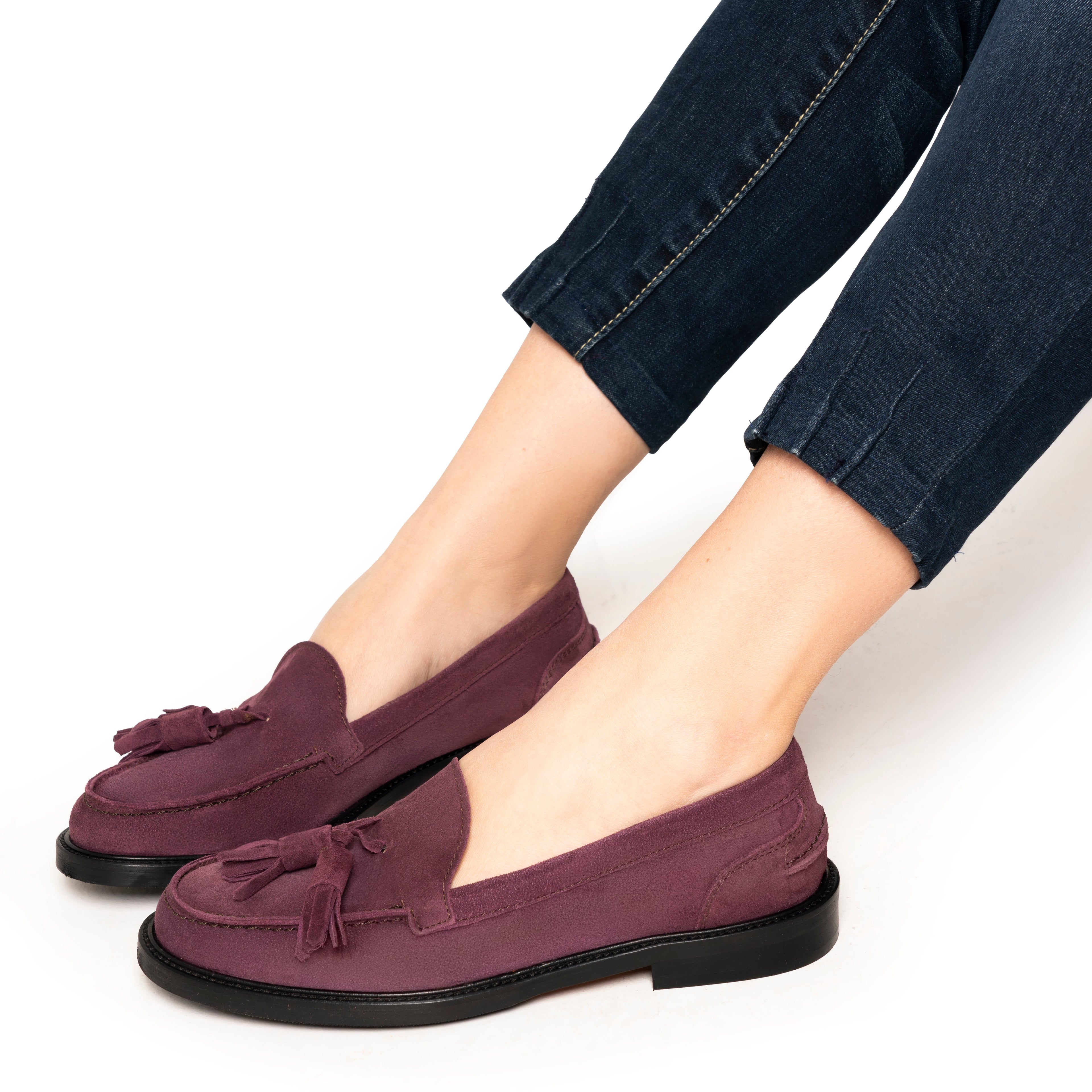 Damen-Mokassins aus Wildleder mit Schleife – Bordeaux