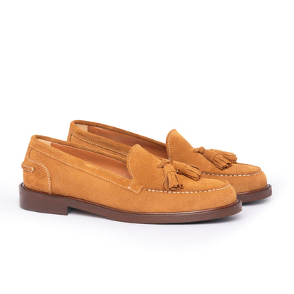 Damen-Mokassins A104PN aus Wildleder mit Schleife – Cognac