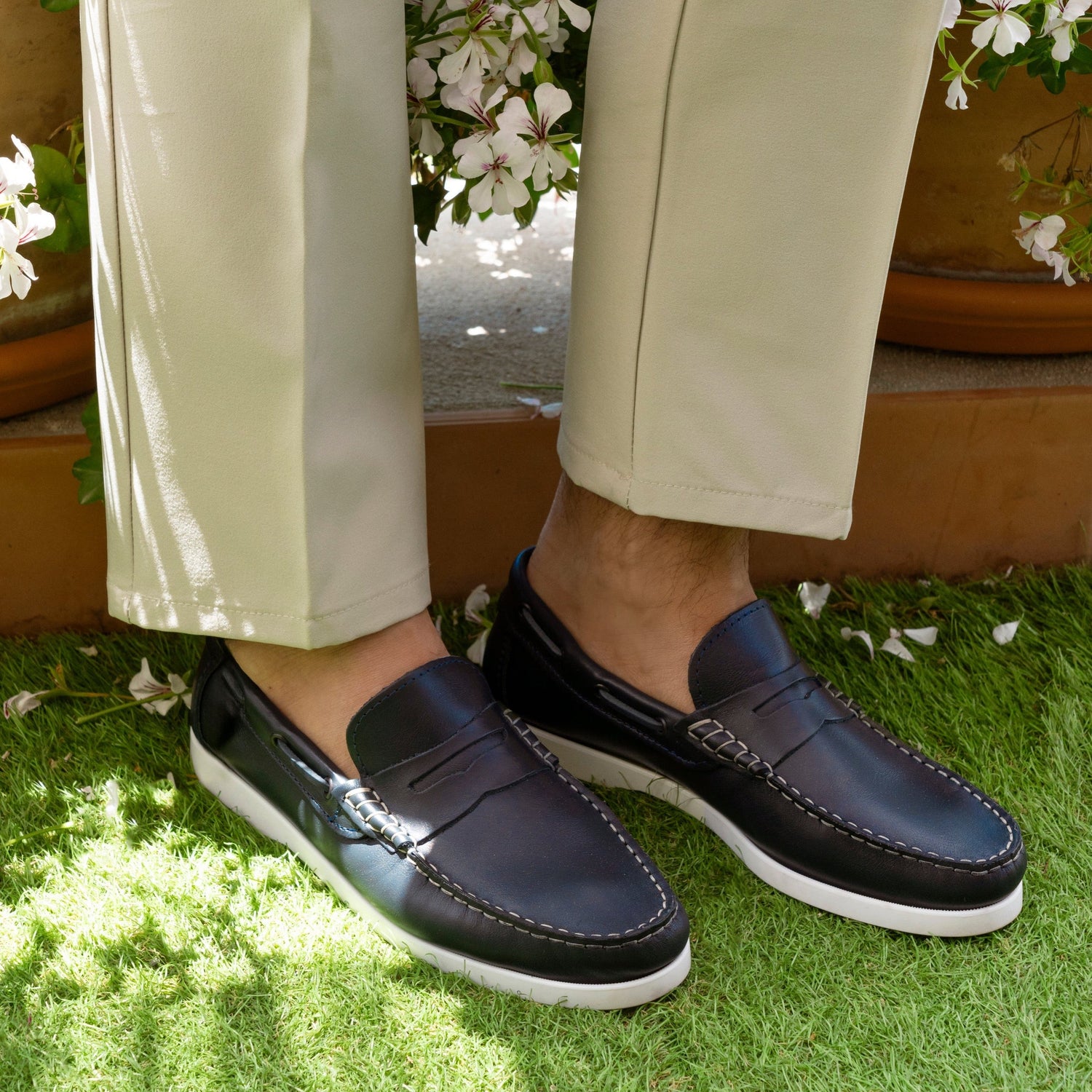 Bootsschuhe Barca 02 mit Riemchen aus Leder – Blau