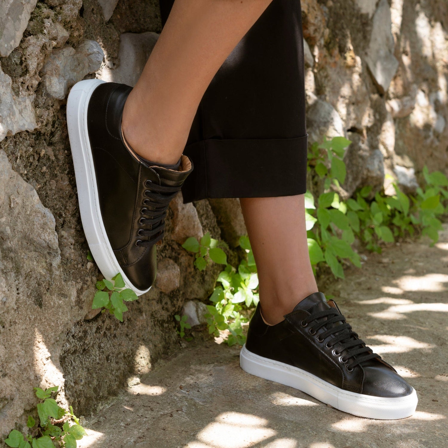 Damen-Leder-Sneakers – Schwarz